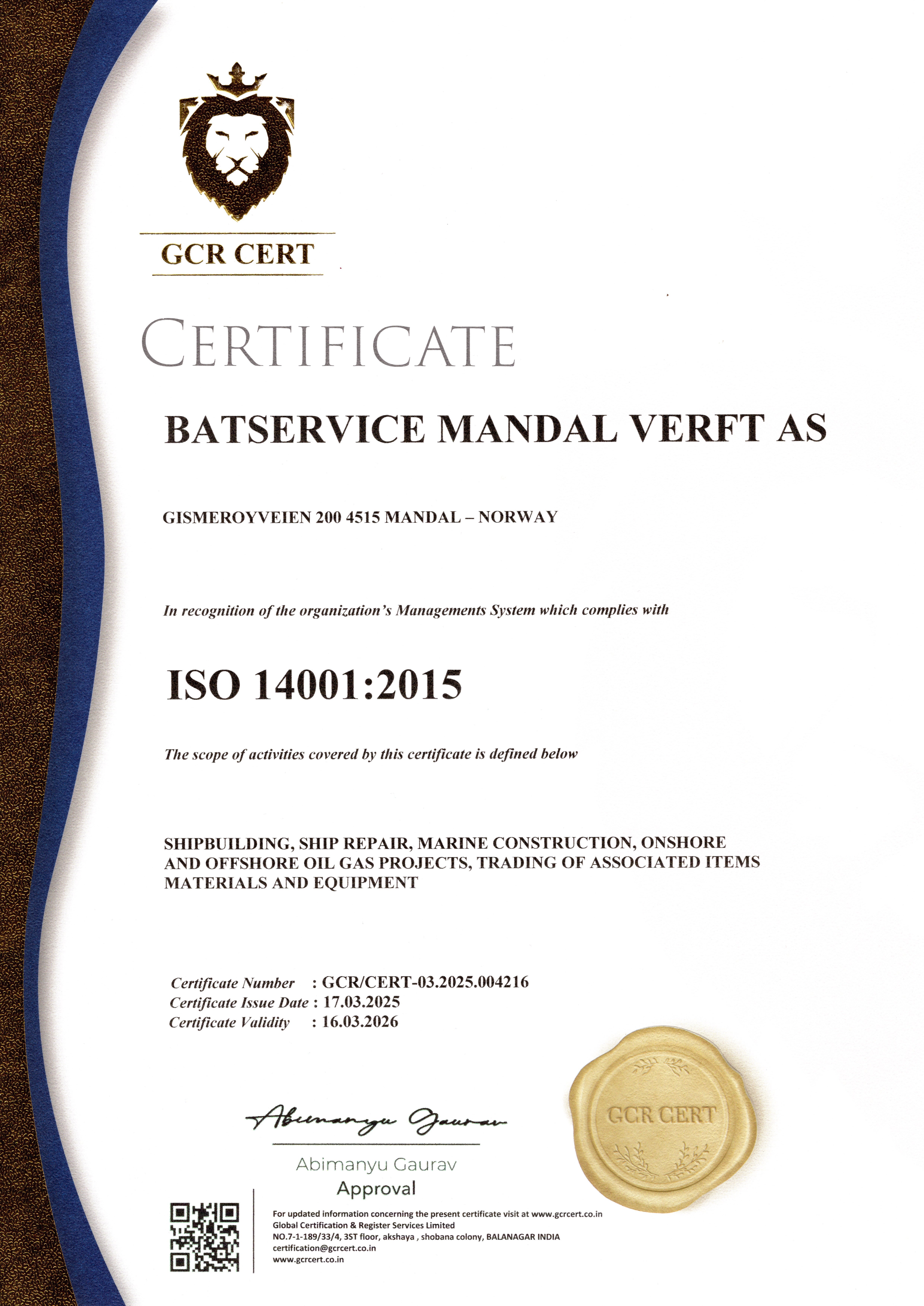 BATSERVICE MANDAL VERFT AS ISO 14001